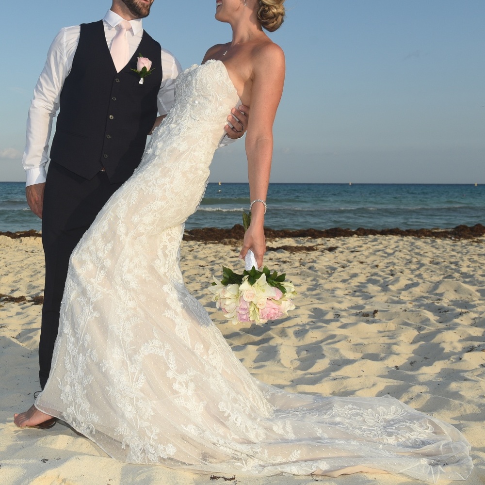 Oleg Cassini Strapless Lace Sheath Wedding Dress - Picture 1 of 5